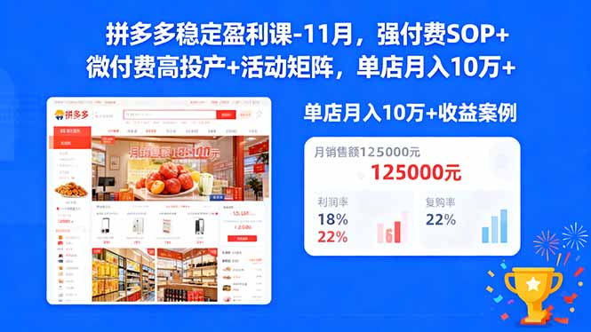 拼多多稳定盈利课-11月,强付费SOP+微付费高投产+活动矩阵,单店月入10万+-云极创投